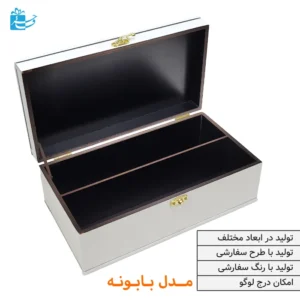 جعبه چوبی تی‌بگ دو ردیفه سفید و طلایی با طرح بابونه