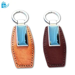 Stitched leather keychain with metal fittings and double-sided plate L-34