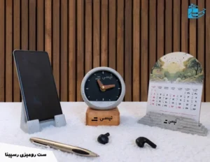 Desktop set with calendar clock and mobile phone holder, model Respina 2757